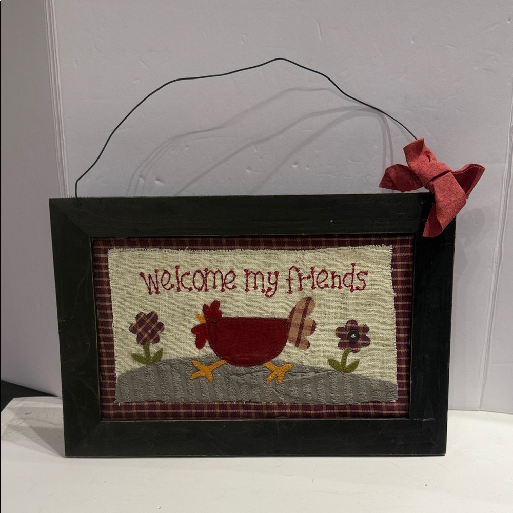 Welcome Sign Rustic wood farmhouse chicken embroidered with Red Accents
